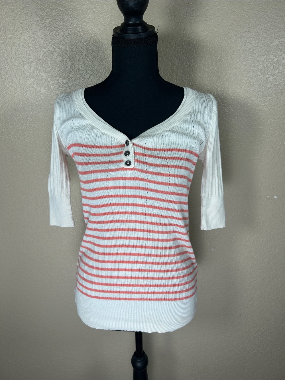 Striped Ribbed Henley Top | Mud, White & Coral | Size Large